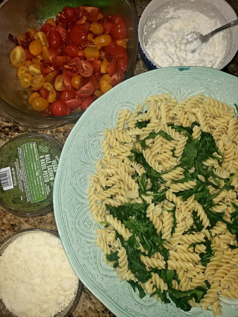Kale Pesto Pasta with Arugula, Tomatoes and Honey Lemon Ricotta