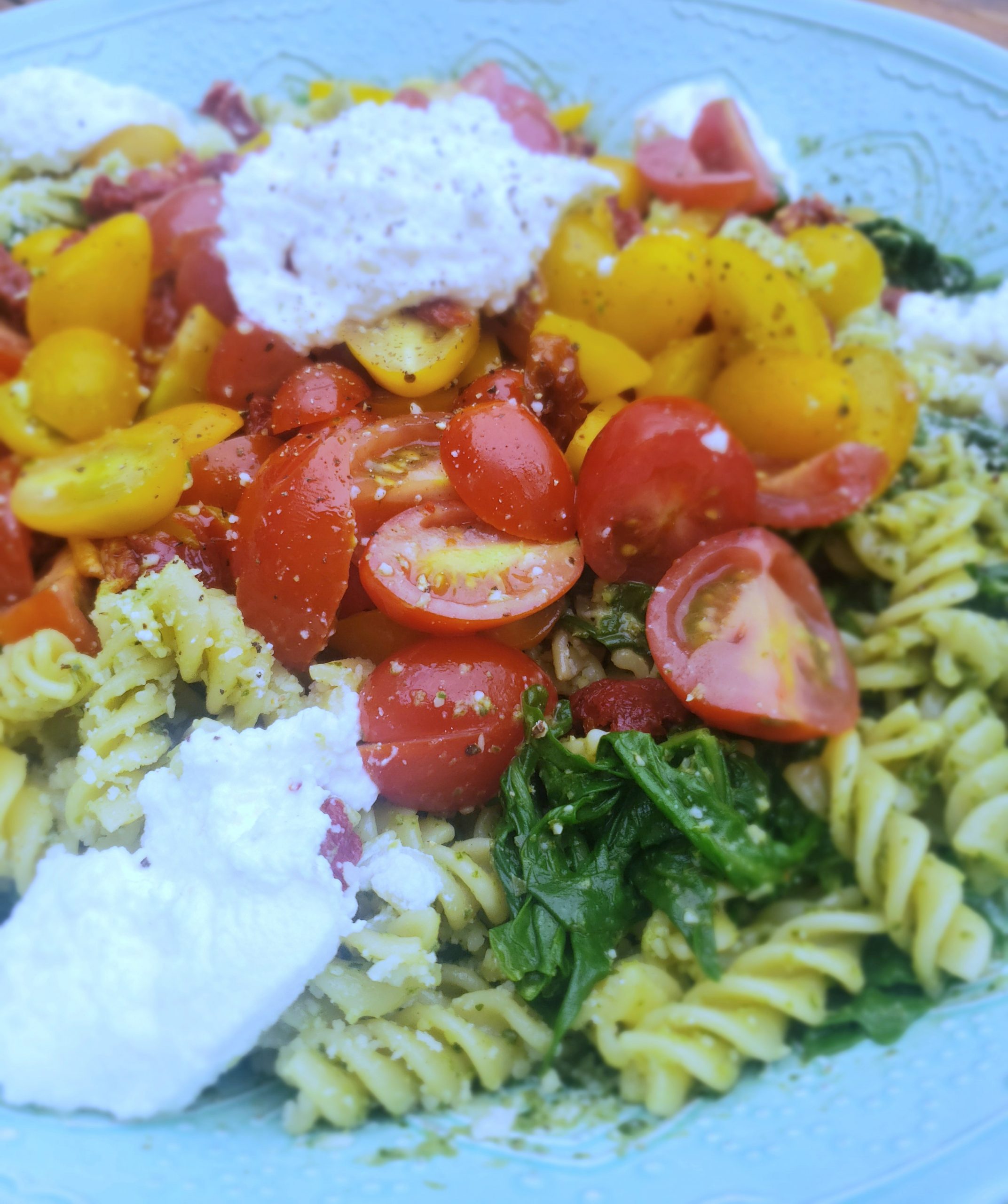 Kale Pesto Pasta with Arugula, Tomatoes and Honey Lemon Ricotta