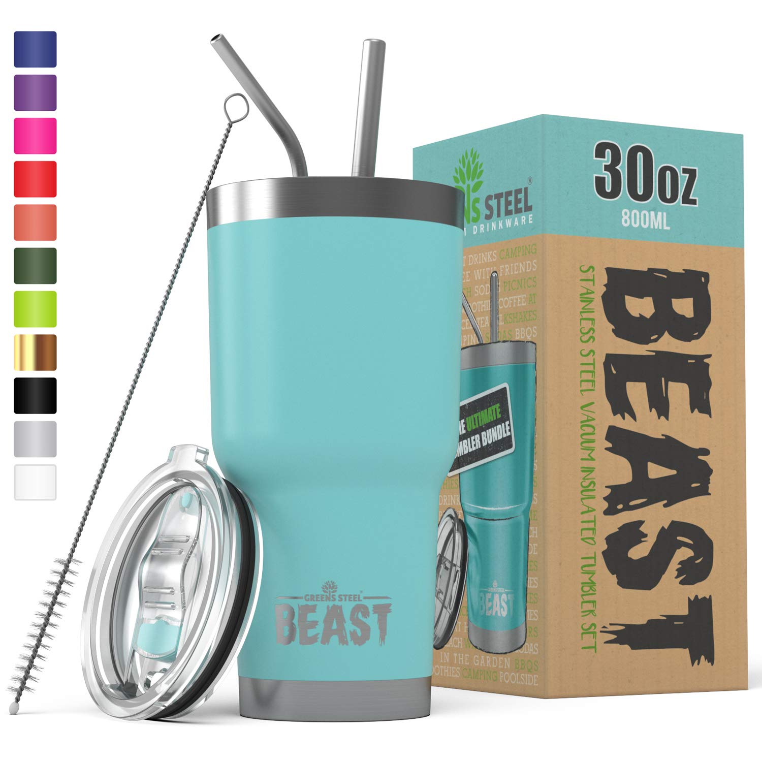 BEAST 30 oz Teal Tumbler Stainless Steel Insulated Coffee Cup with Lid, 2 Straws, Brush & Gift Box by Greens Steel (30oz, Aquamarine Blue)