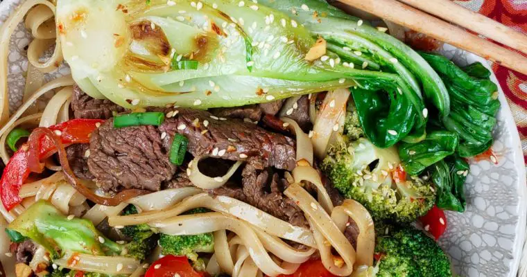 Flank Steak, Boy Choy and Broccoli with Gluten Free Rice Noodles