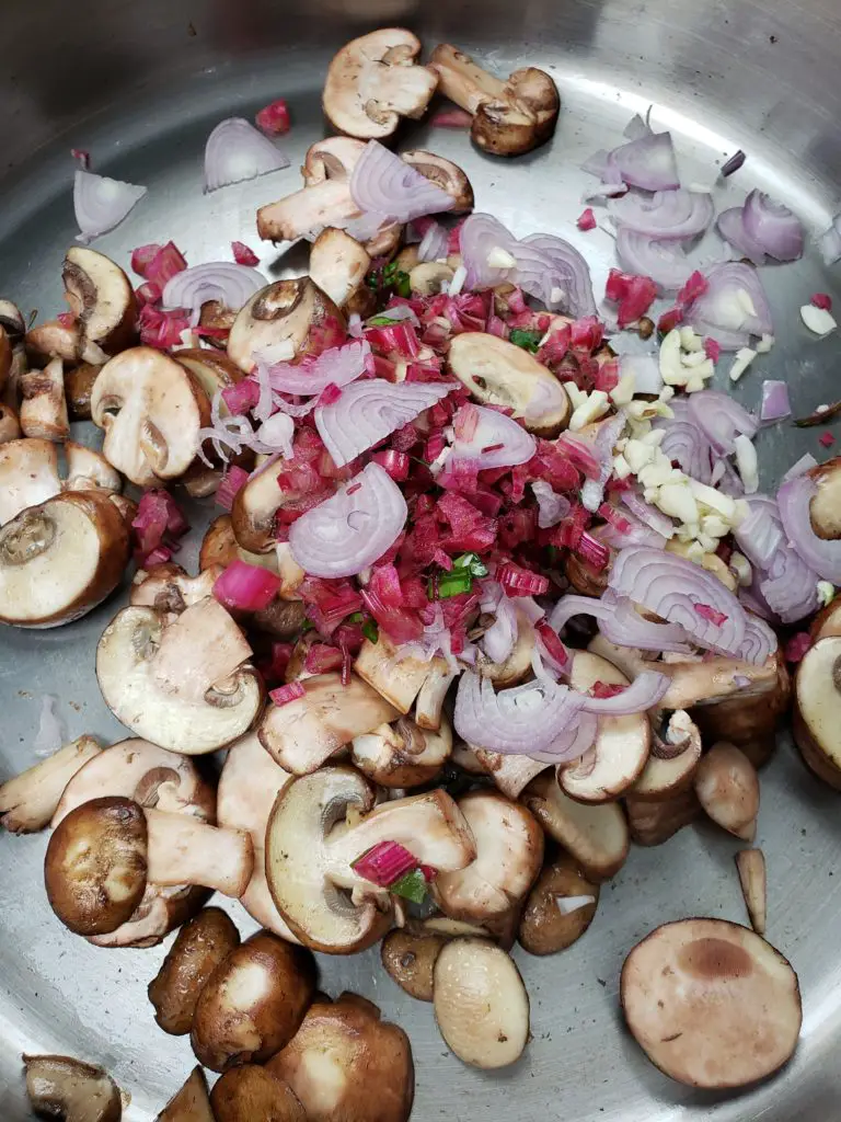 mushrooms, shallots and red swiss chard stalks