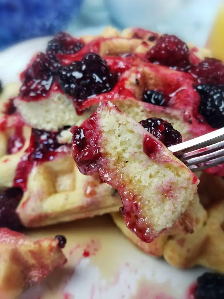 fluffy belgian waffle with blackberry sauce