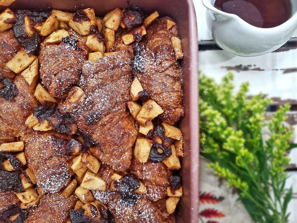 Baked Croissant French Toast with Cinnamon Brandy Apples