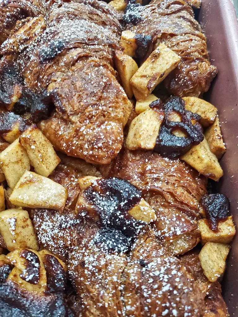 baked croissant french toast with cinnamon apples and apple butter