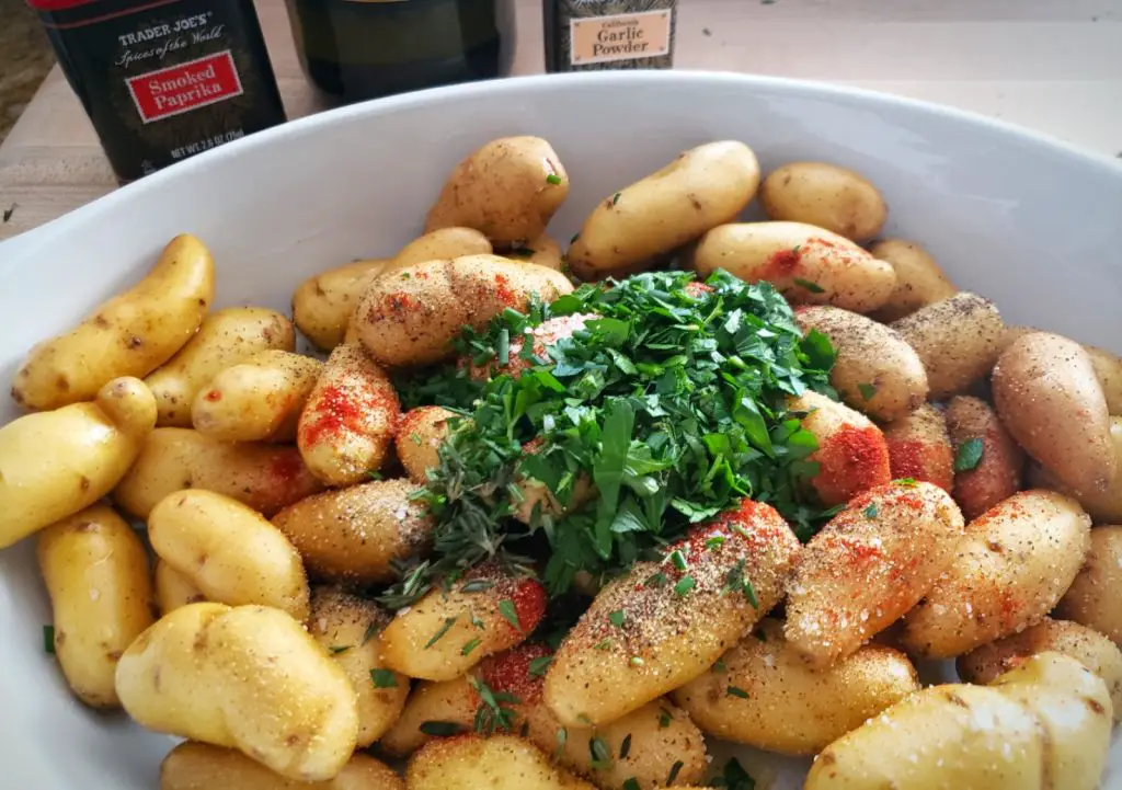 Fingerling Potatoes with herbs and spices on top