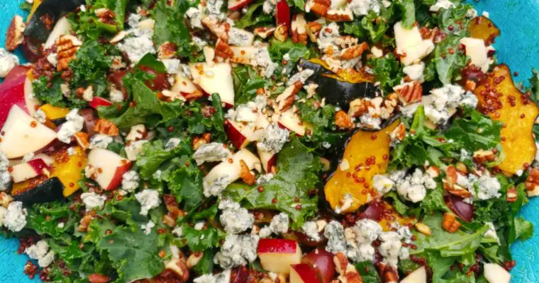 Autumn Kale Salad with Maple Roasted Squash, Whole Grains, Grapes and Apples