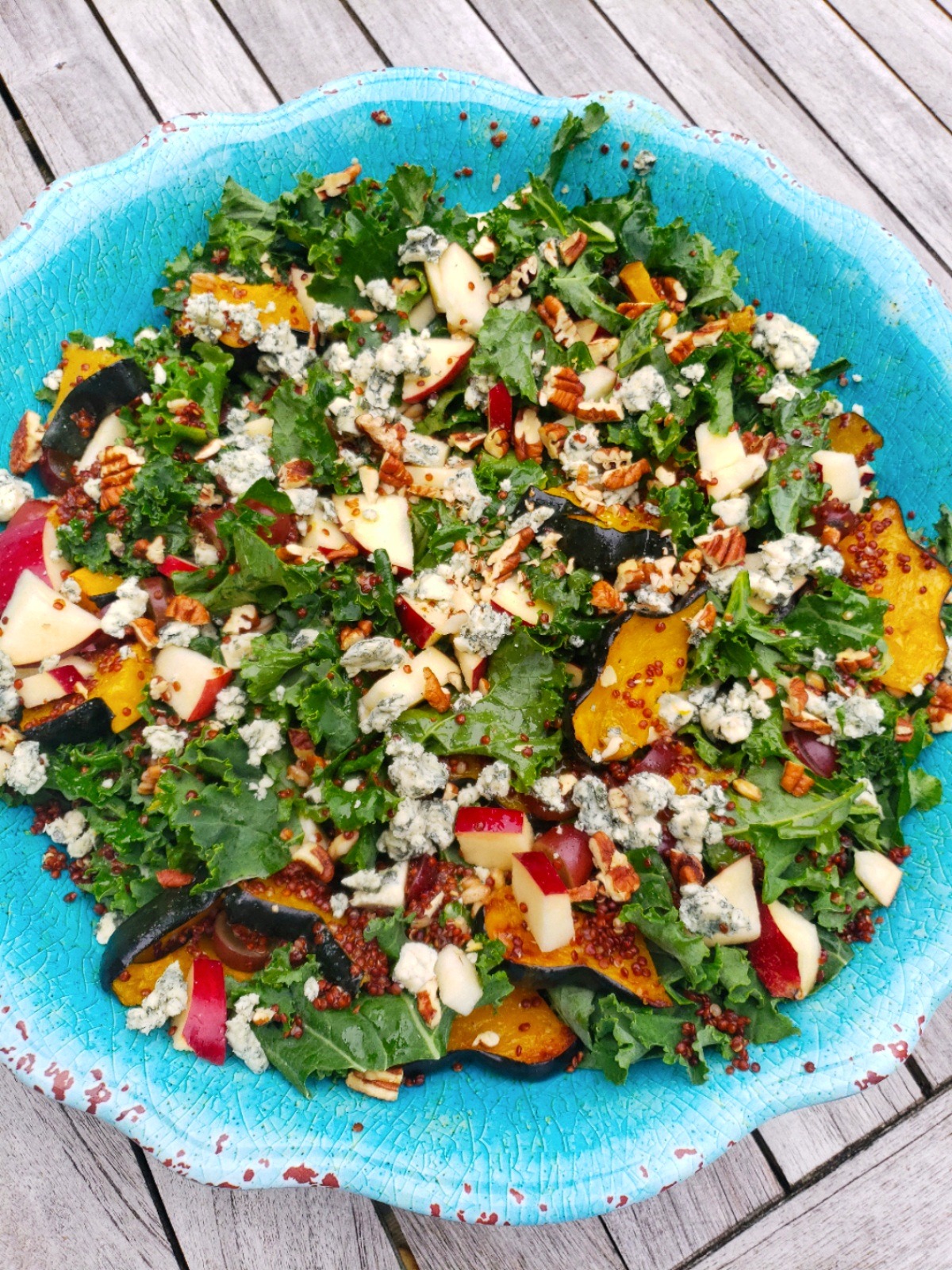 Autumn Kale Salad with Maple Roasted Squash, Whole Grains, Grapes and Apples