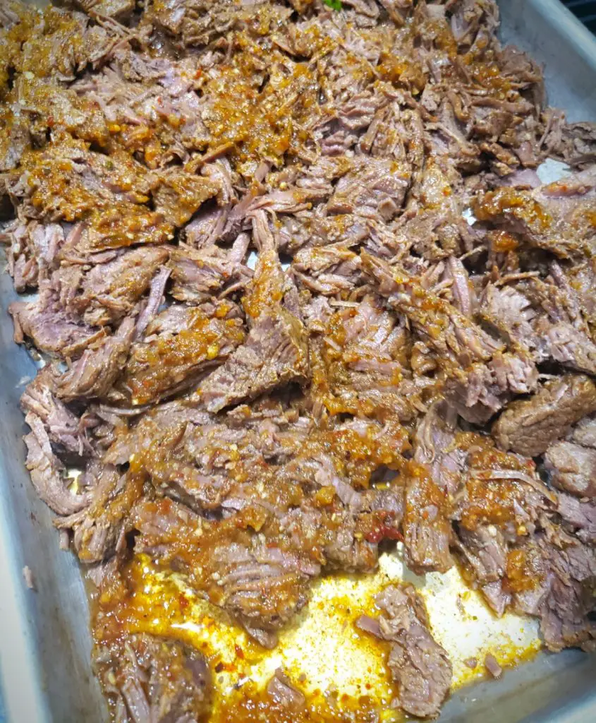 shredded barbacoa beef with sauce over top