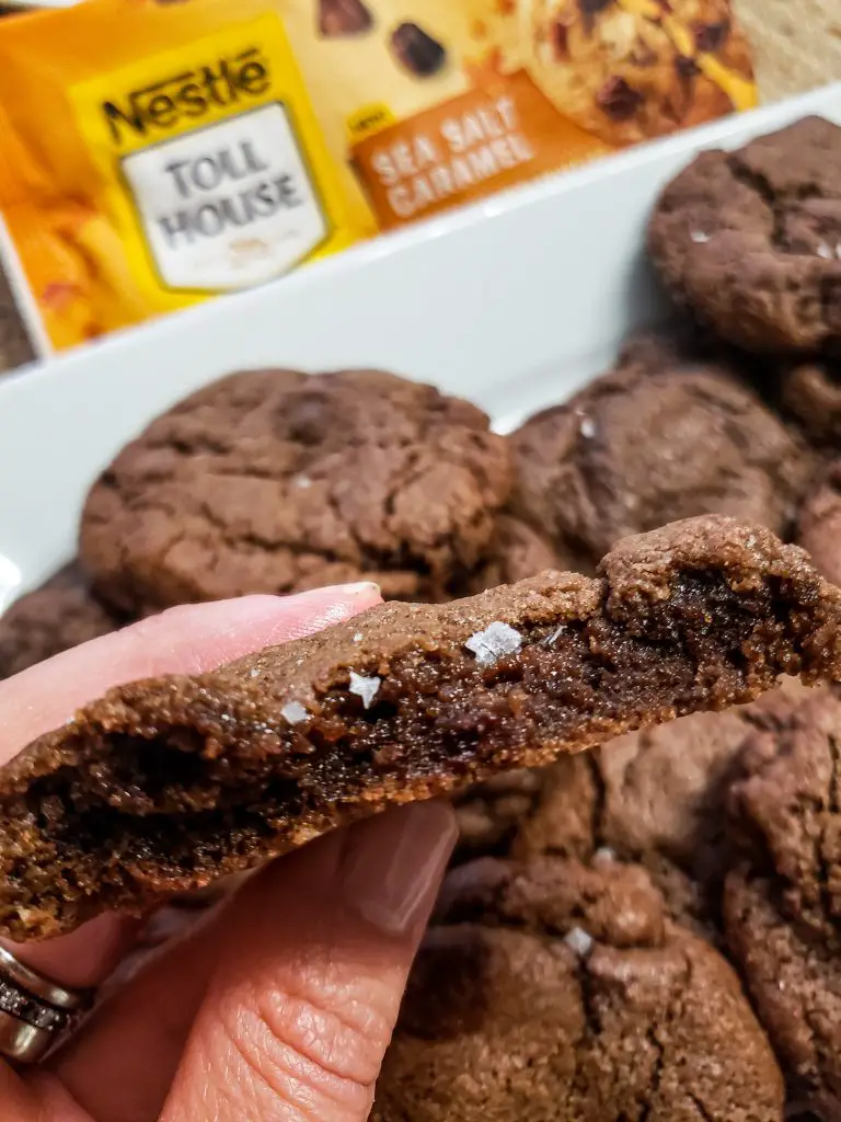 DOUBLE CHOCOLATE AND CARAMEL COOKIES with a chewy, fudgy center
