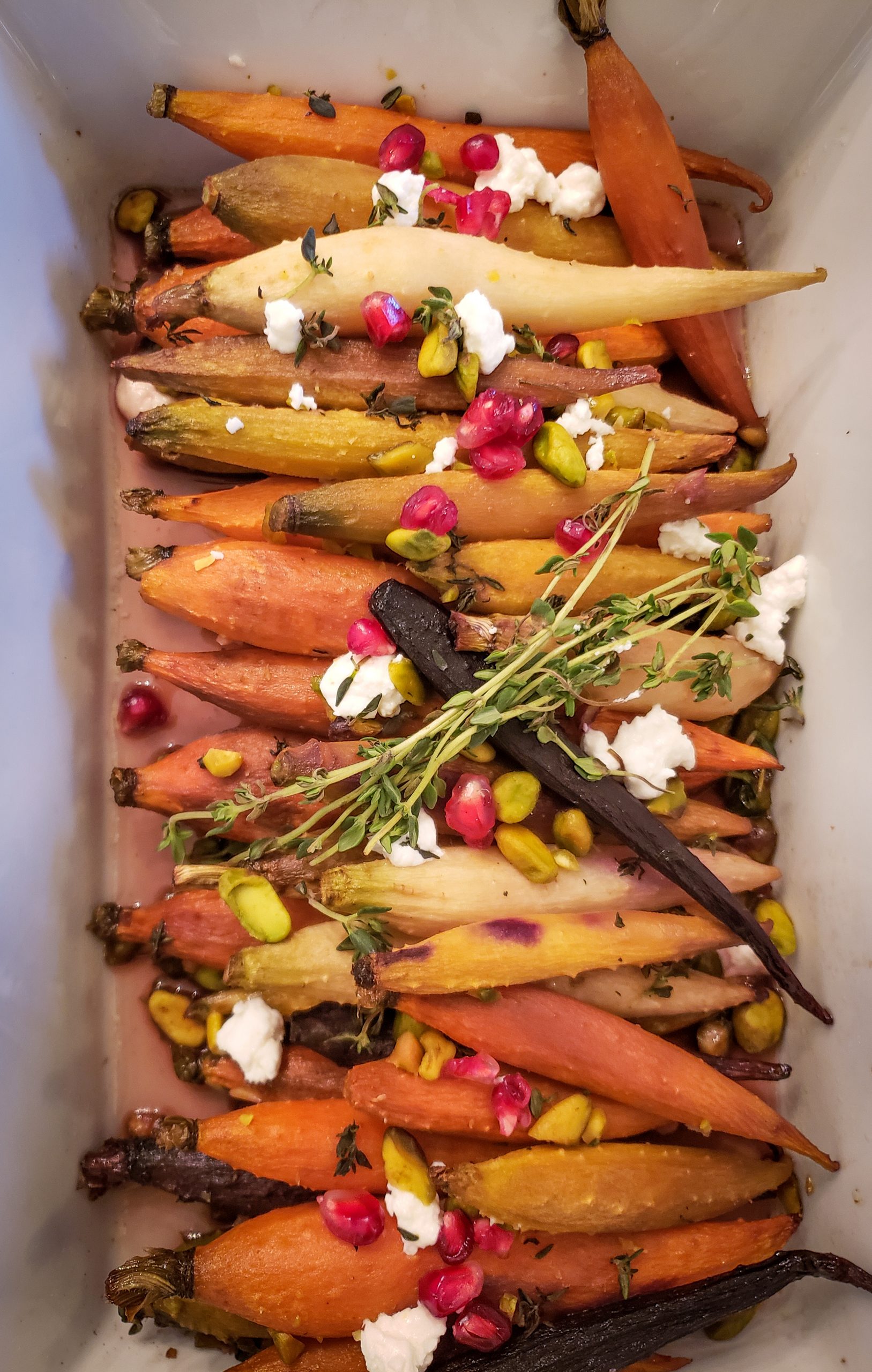 Maple Glazed Carrots with Goat Cheese, Pistachio & Pomegranate