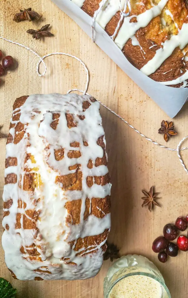overhead image of homemade holiday gift glazed eggnog and bourbon quick bread