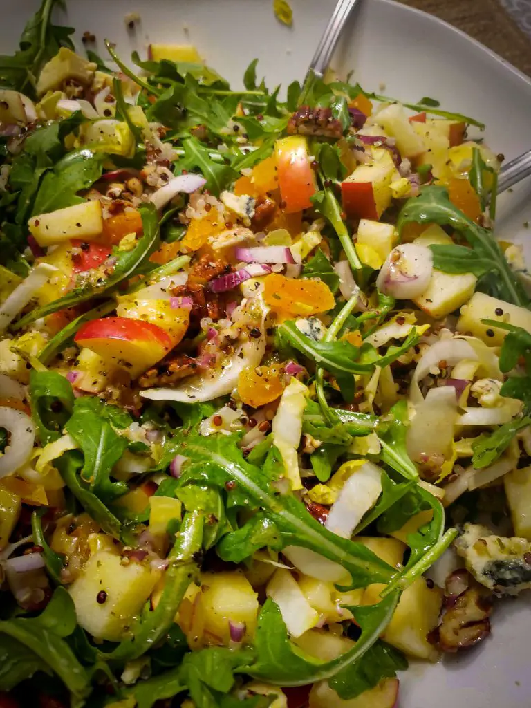 quinoa apple arugula apricot salad with blue cheese and pecans