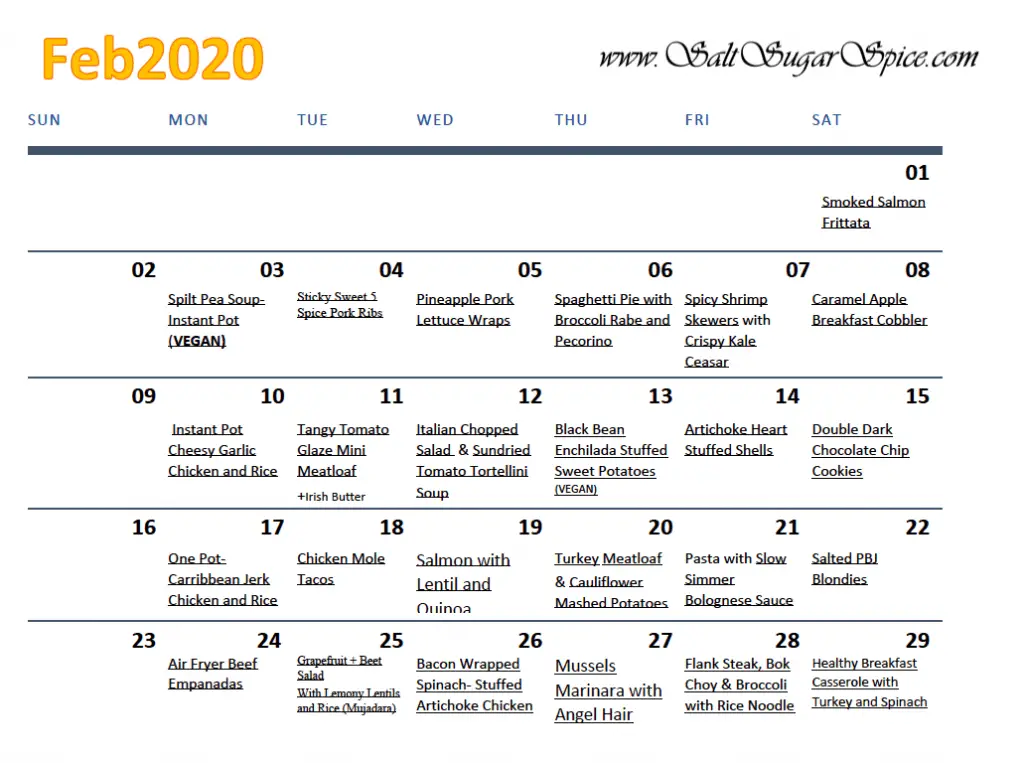 February 2020 Meal Plan