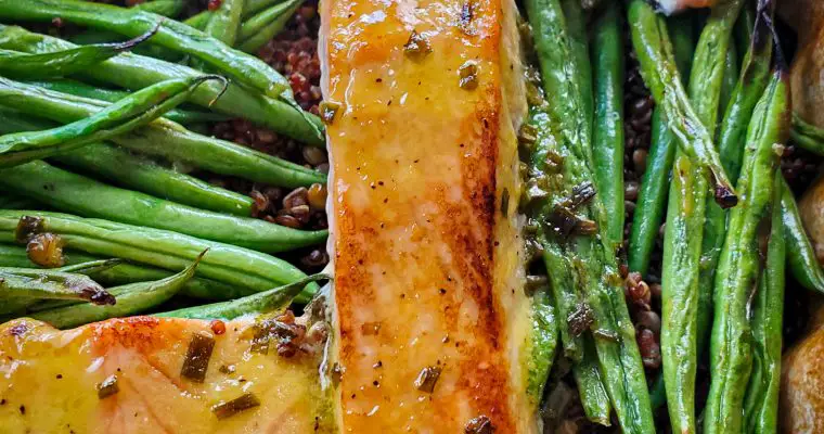 Baked Mustard Lemon Glazed Salmon over Lentils & Quinoa