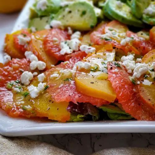 natural light image of RED GRAPEFRUIT, GOLDEN BEET AND AVOCADO SALAD