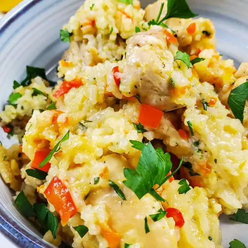 image of bowl of cheesy chicken and rice garnished with parsley