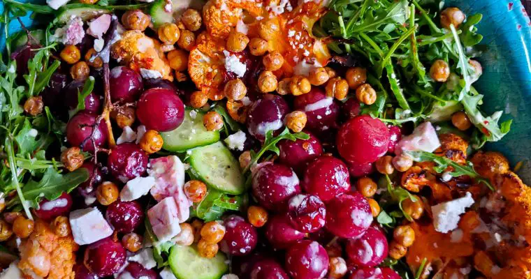 Middle Eastern Salad with Roasted Grapes, Harissa Cauliflower and Tahini Dressing