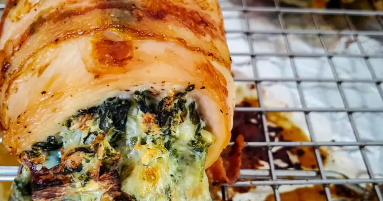 Bacon Wrapped Spinach Artichoke Stuffed Chicken {VIDEO}
