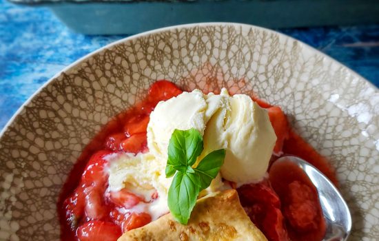 Basil & Bourbon Strawberry Cobbler with Creamy Buttermilk Biscuits