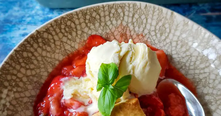 Basil & Bourbon Strawberry Cobbler with Creamy Buttermilk Biscuits