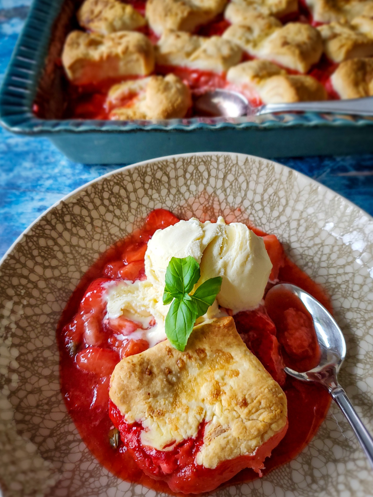 Basil & Bourbon Strawberry Cobbler with Creamy Buttermilk Biscuits