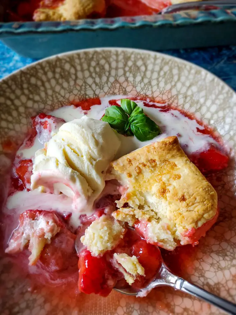 Basil & Bourbon Strawberry Cobbler with Cream Cheese Biscuits