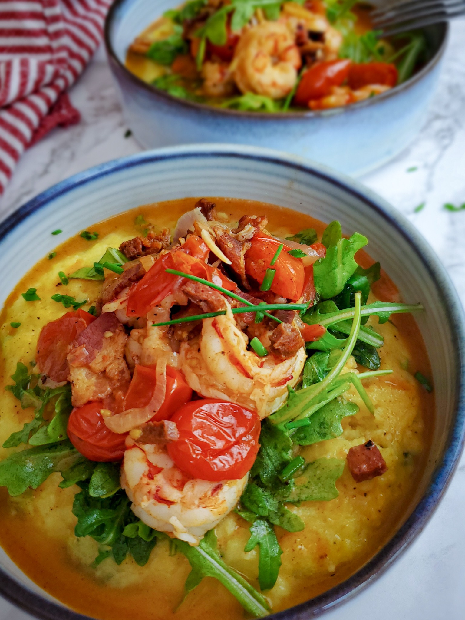 Chorizo & Bacon Shrimp over Cheddar-Chive Grits