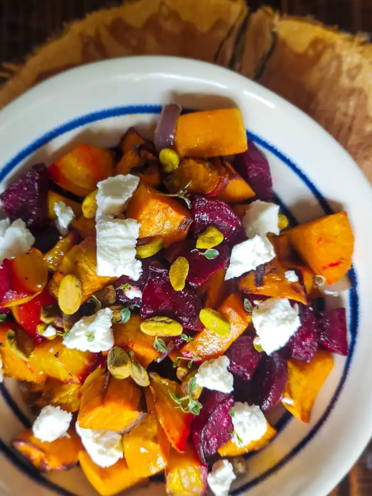 roasted beets, sweet potatoes, honey, goat cheese, thyme, pistachios