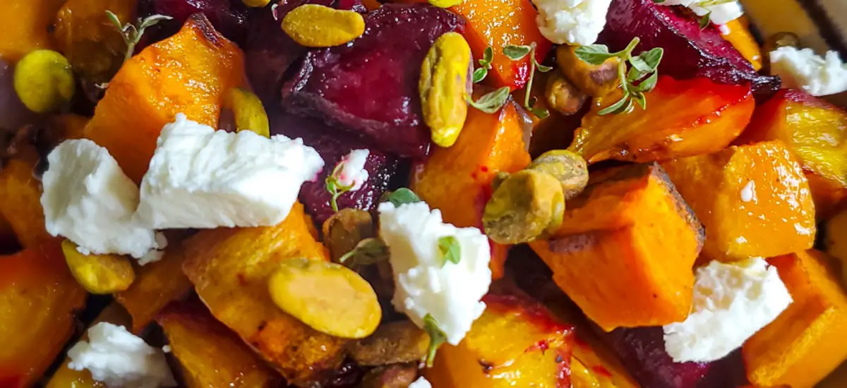 Roasted Beets & Sweets with Honey, Pistachios, Thyme, and Goat Cheese