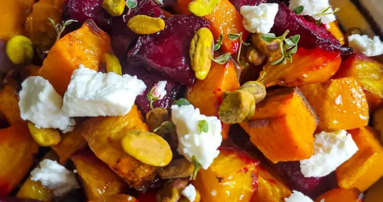 Roasted Beets & Sweets with Honey, Pistachios, Thyme, and Goat Cheese