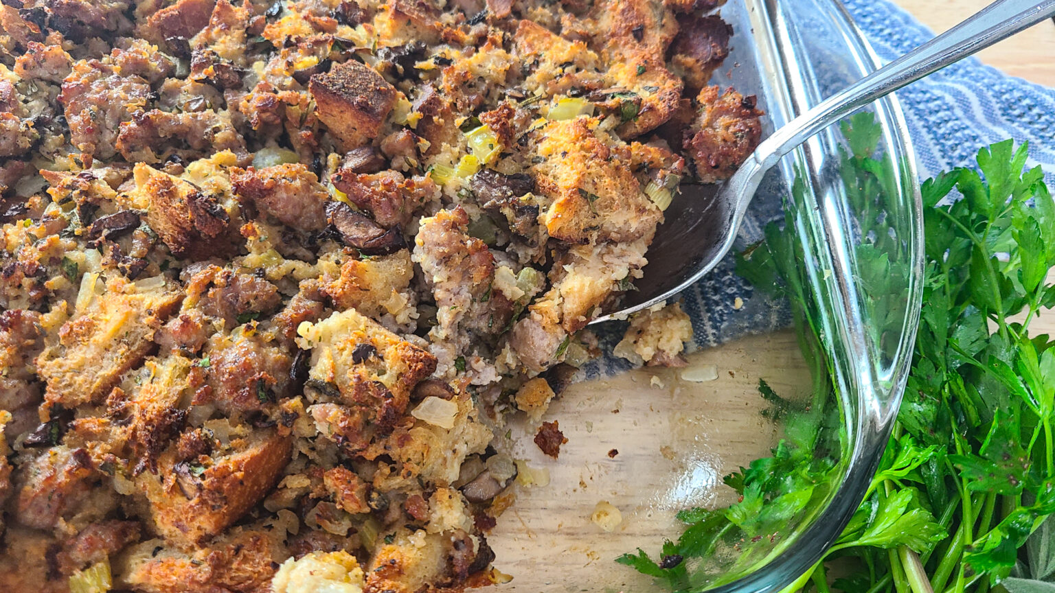 Herb Sourdough Stuffing with Sausage, Mushrooms and Goat Cheese