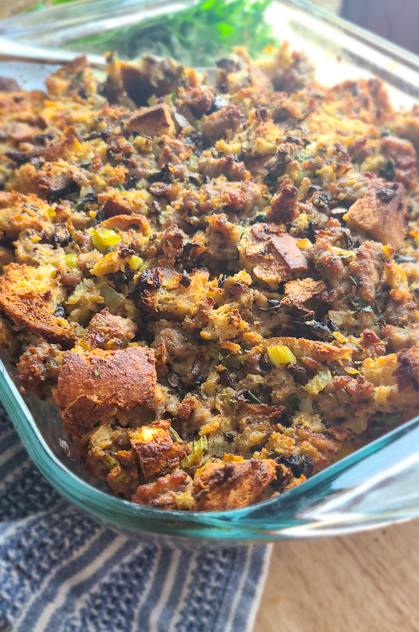 Herb Sourdough Stuffing with Sausage, Mushrooms and Goat Cheese