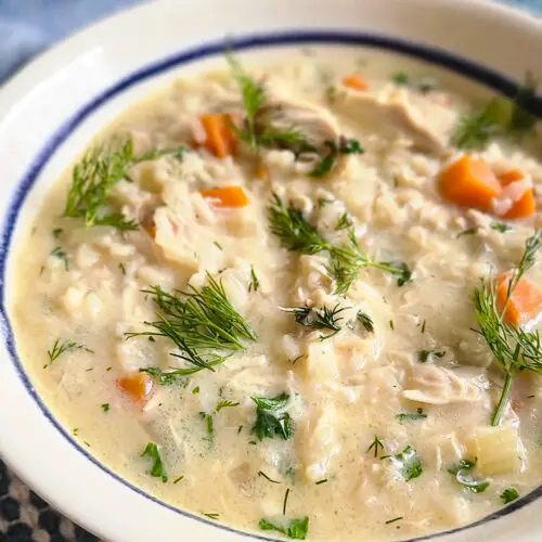 image of bowl of greek chicken lemon and rice soup called avgolemono