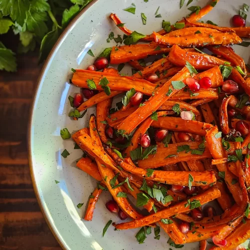 portrait overhead image of platter with oven roasted carrots cut into quarters. Carrots are drizzled with pomegranate molasses and garnished with chopped parsley and pomegranate seeds. Platter sit next to bunch of fresh parsley and halved pomegranate