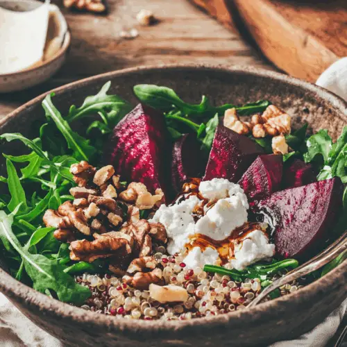 Overhead shot of a roasted beet and quinoa bowl with goat cheese, walnuts, and arugula drizzled with balsamic dressing in a white bowl on a rustic table
