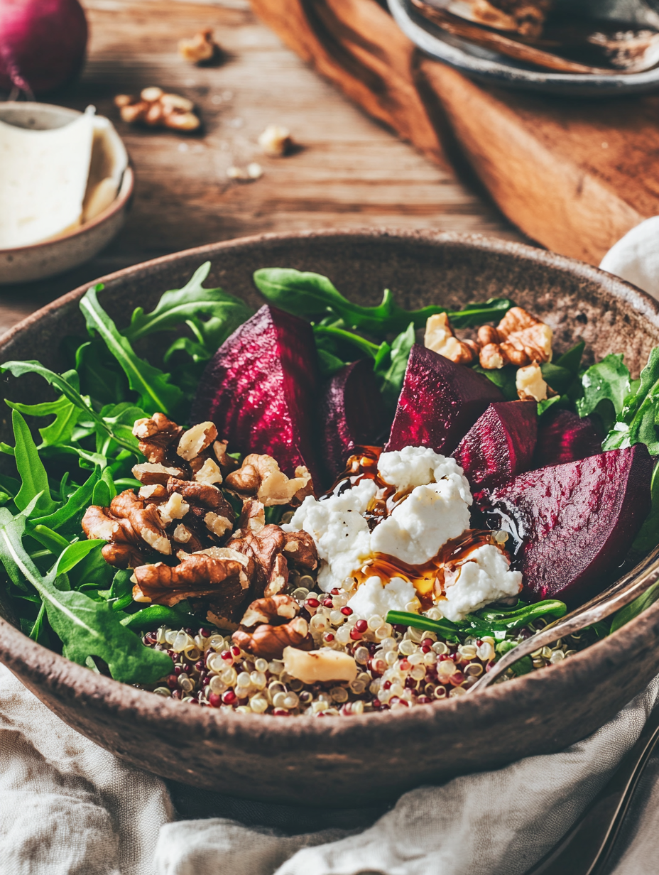 Overhead shot of a roasted beet and quinoa bowl with goat cheese, walnuts, and arugula drizzled with balsamic dressing in a white bowl on a rustic table