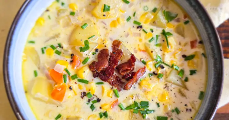 Fresh Corn Chowder with Yukon Gold Potatoes and Crispy Bacon